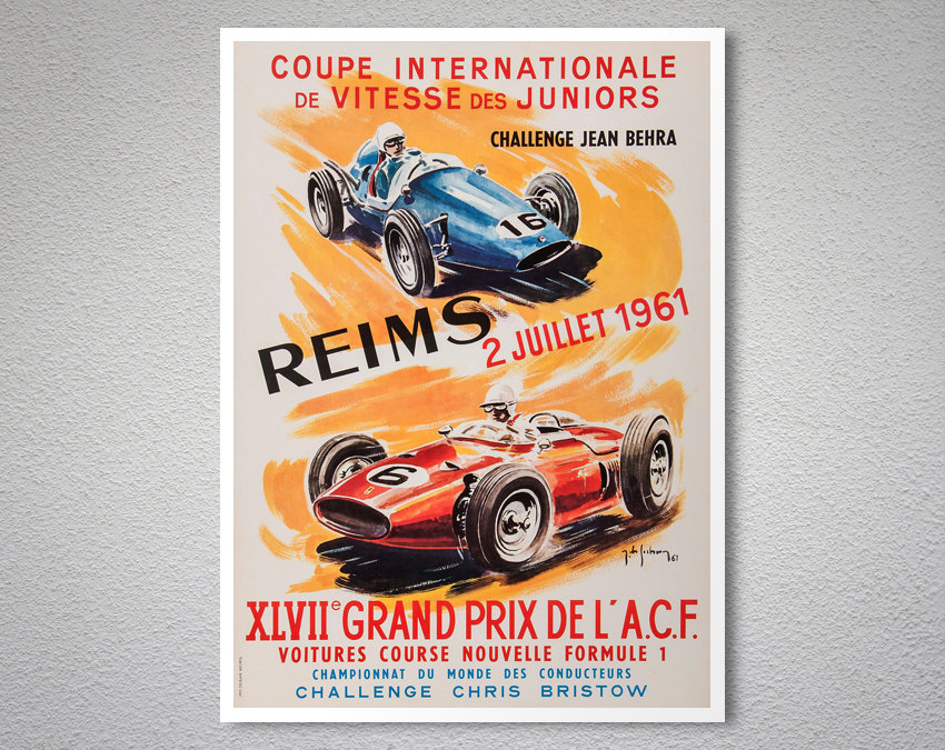 Vintage Motorsport Plakat 1959 Französischen Grand Prix Reims Formel 1 Retro