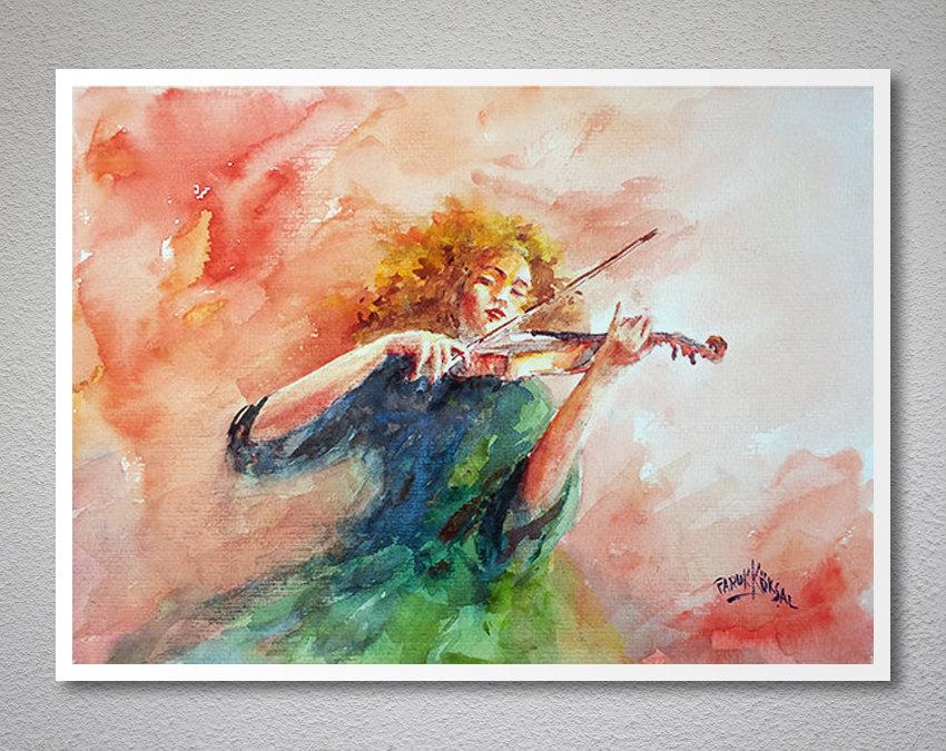 Violin Sonata Watercolor Painting By Faruk Koksal Fine Art Paper | Arty Posters